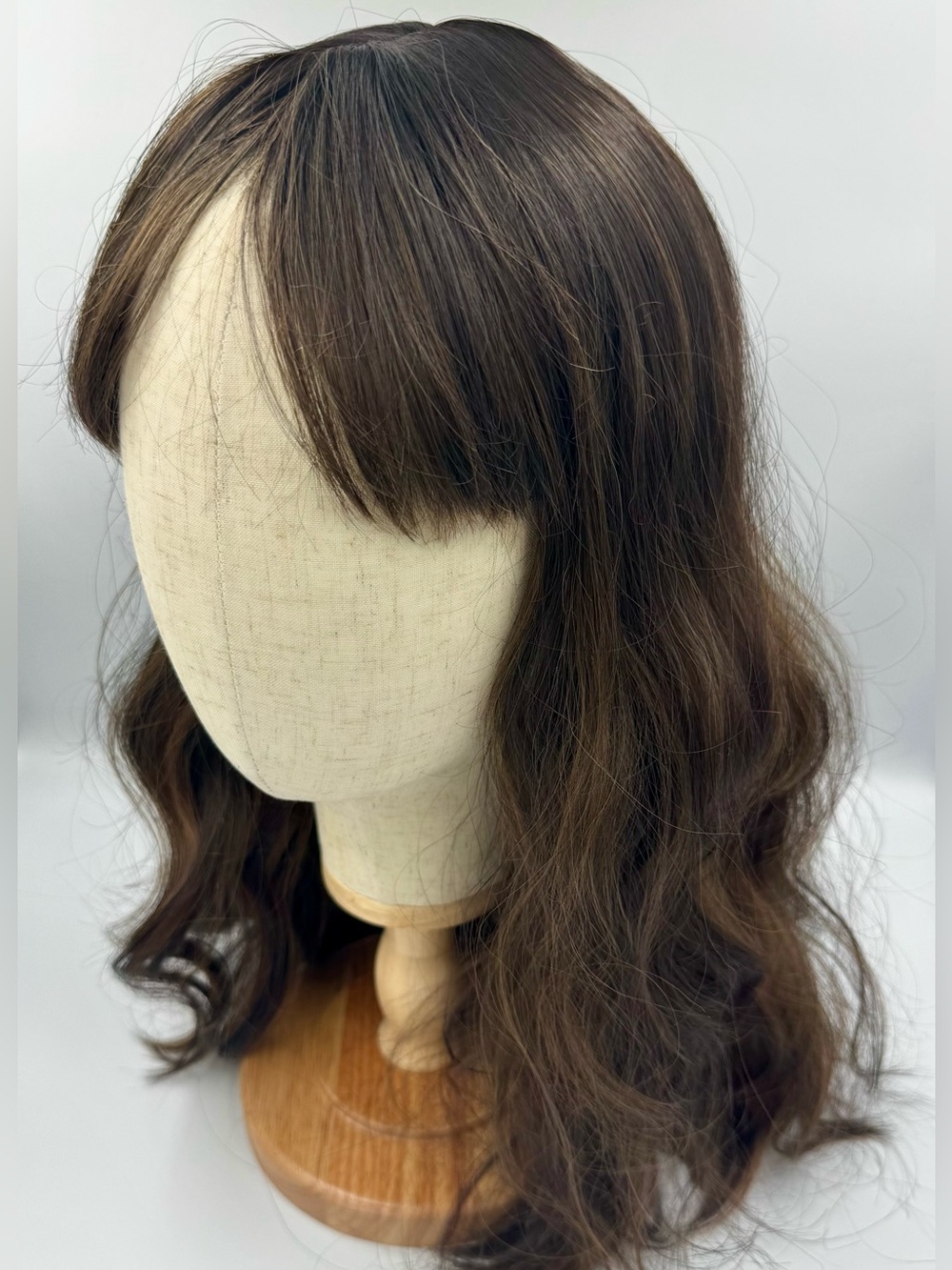 New Dark Brown Highlighted Long Wavy Wig with Bangs + Wig Cap